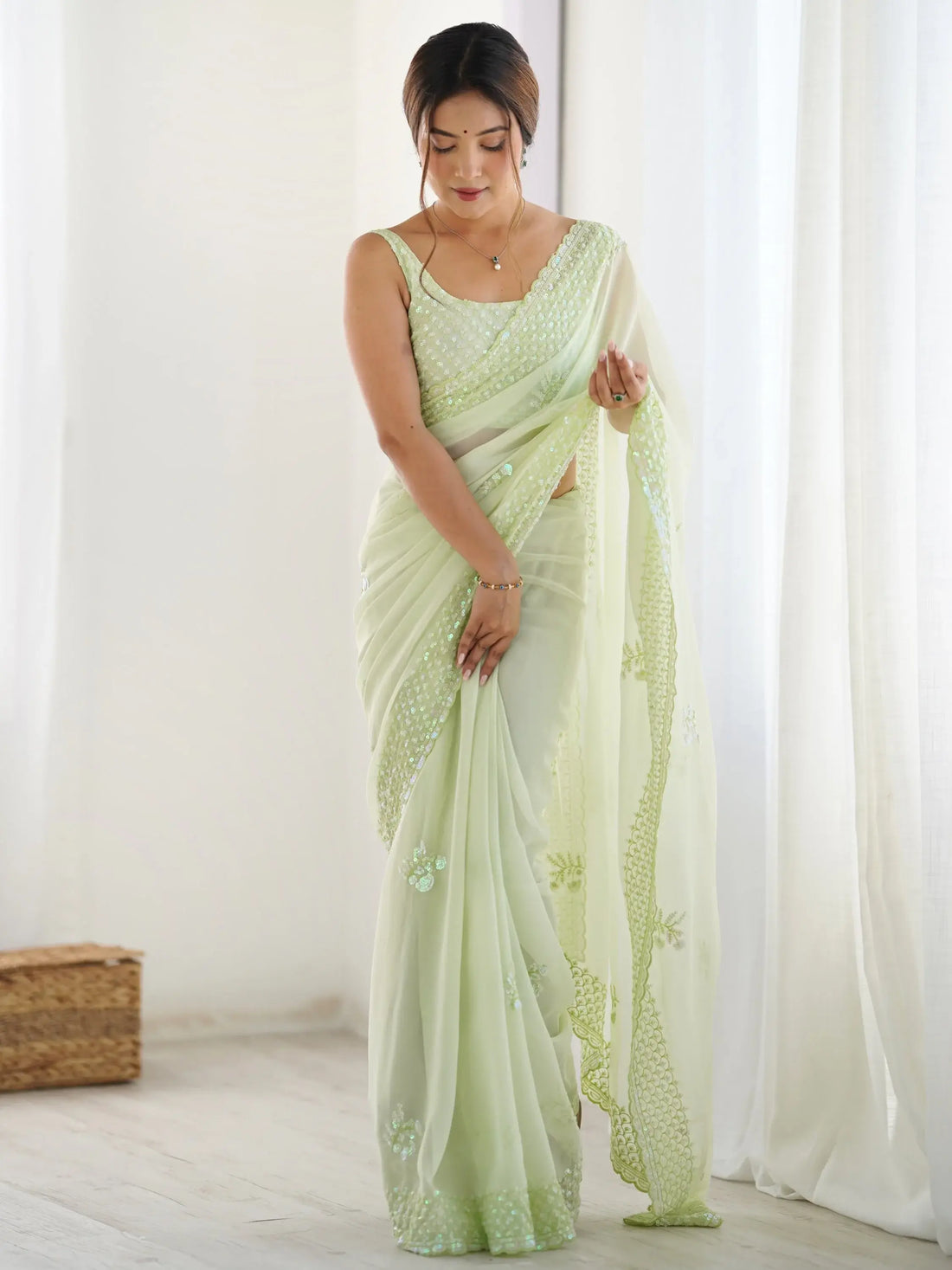 Fascinating Pista Green Embroidered Georgette Traditional Saree With Blouse - Zeel Clothing