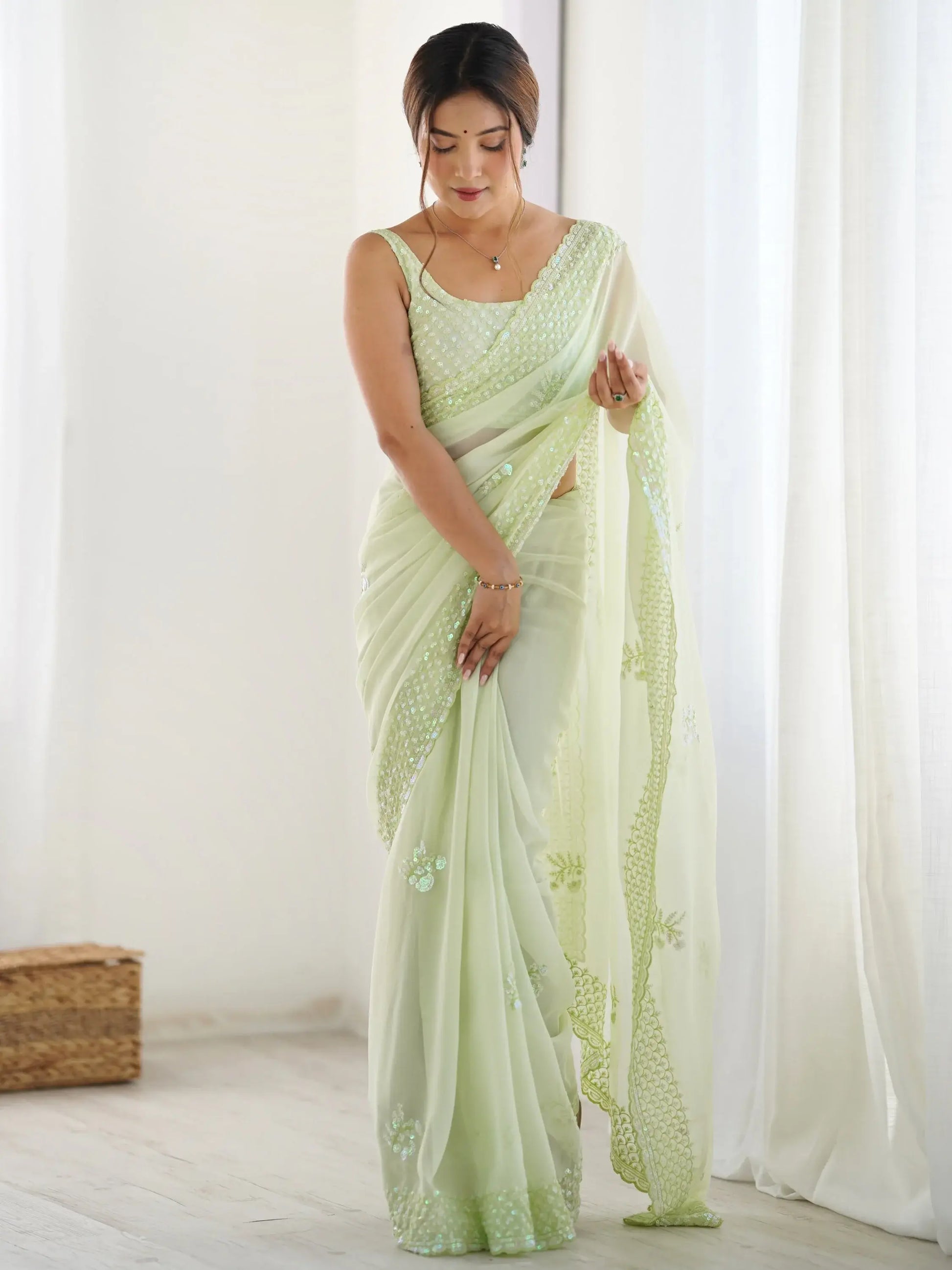 Fascinating Pista Green Embroidered Georgette Traditional Saree With Blouse - Zeel Clothing