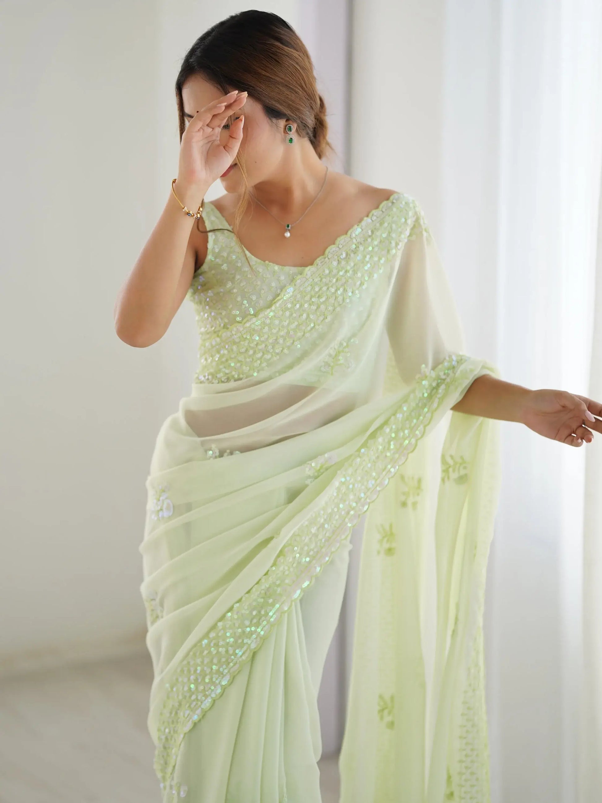 Fascinating Pista Green Embroidered Georgette Traditional Saree With Blouse - Zeel Clothing