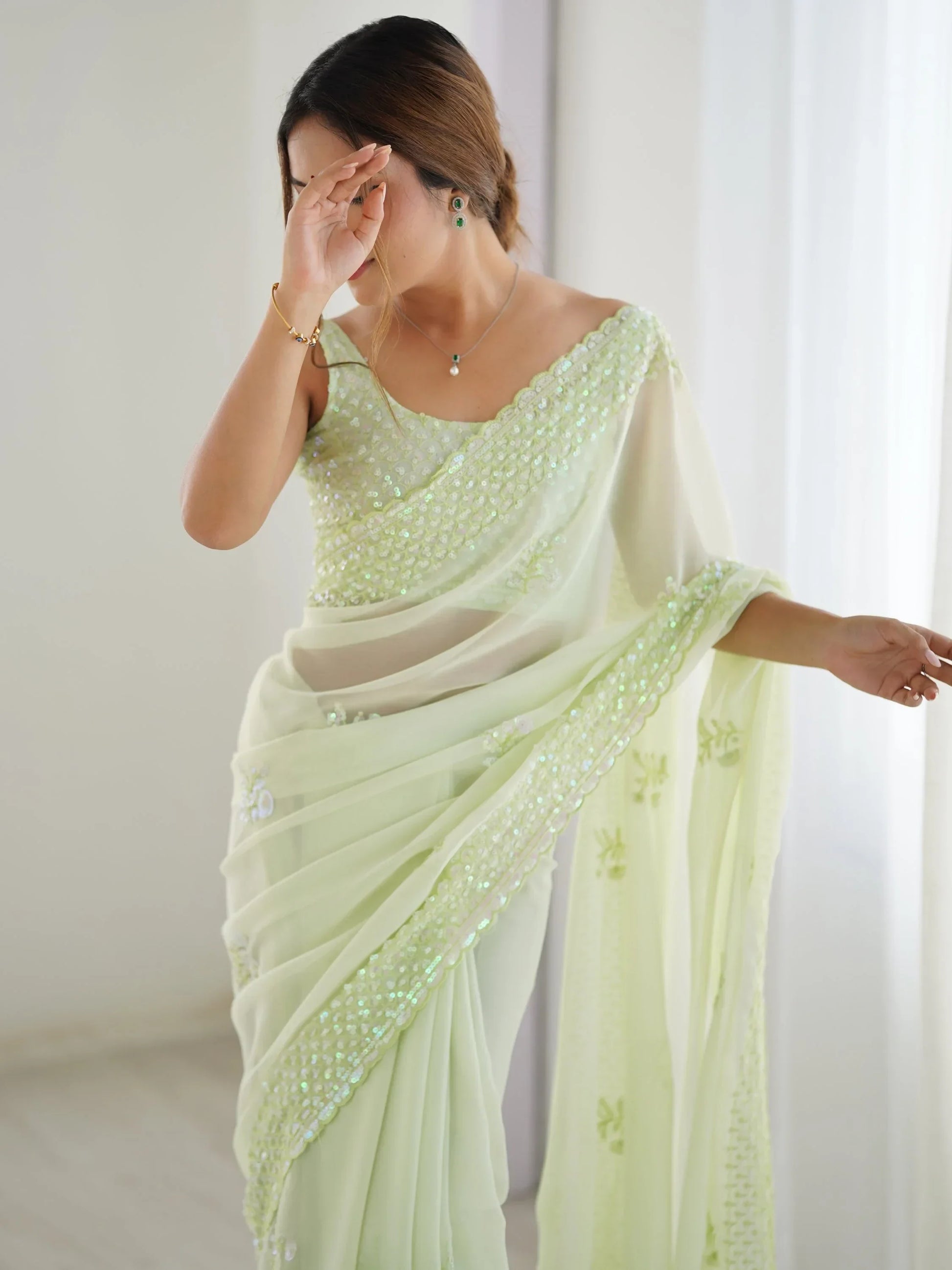 Fascinating Pista Green Embroidered Georgette Traditional Saree With Blouse - Zeel Clothing