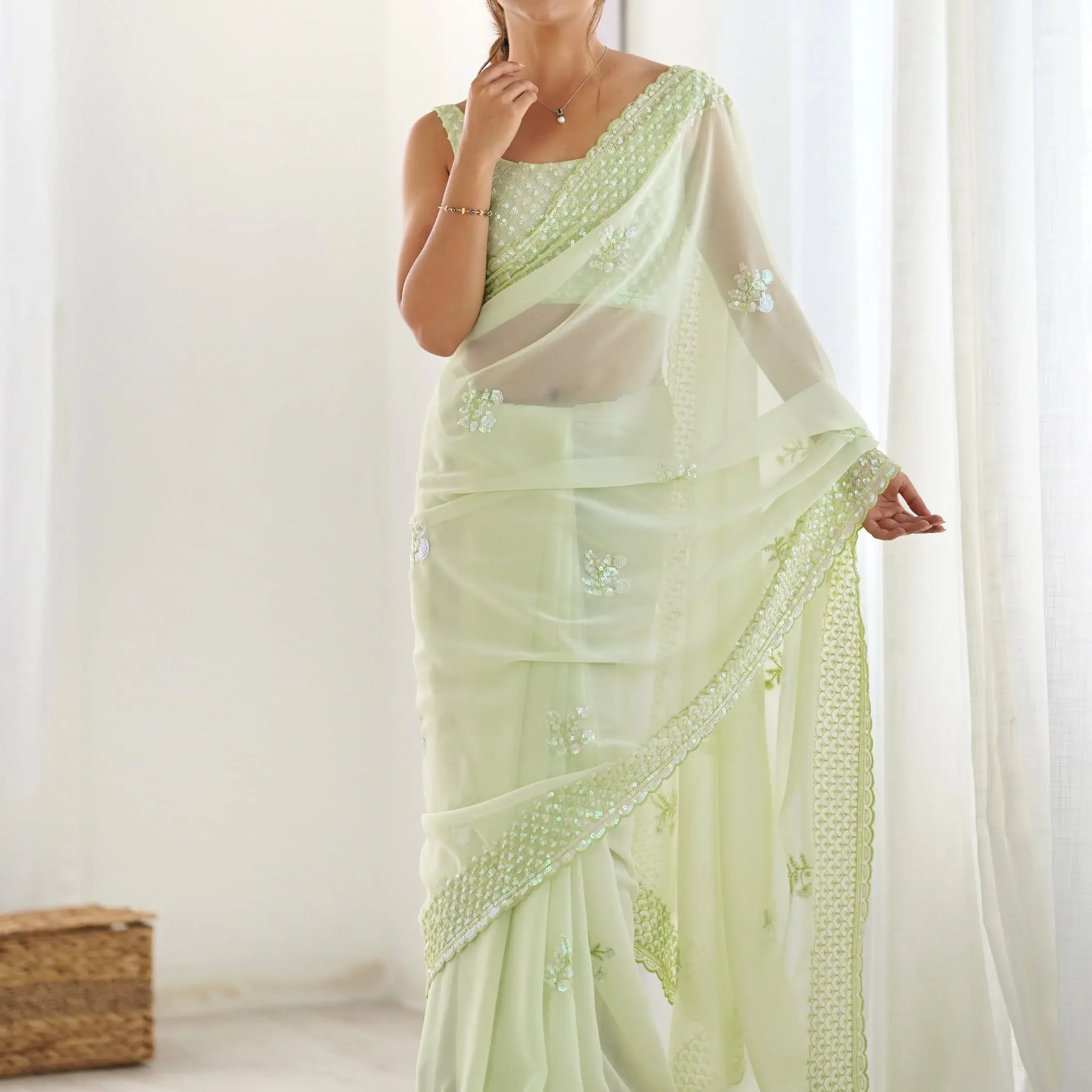 Fascinating Pista Green Embroidered Georgette Traditional Saree With Blouse - Zeel Clothing