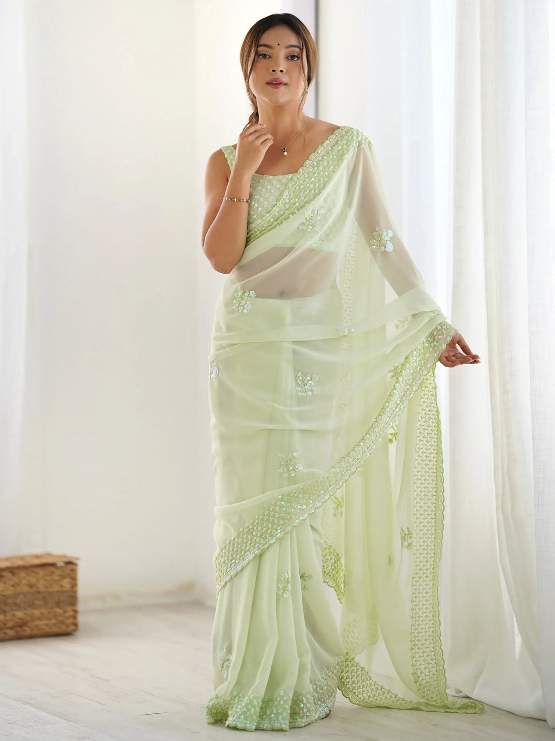 Fascinating Pista Green Embroidered Georgette Traditional Saree With Blouse - Zeel Clothing