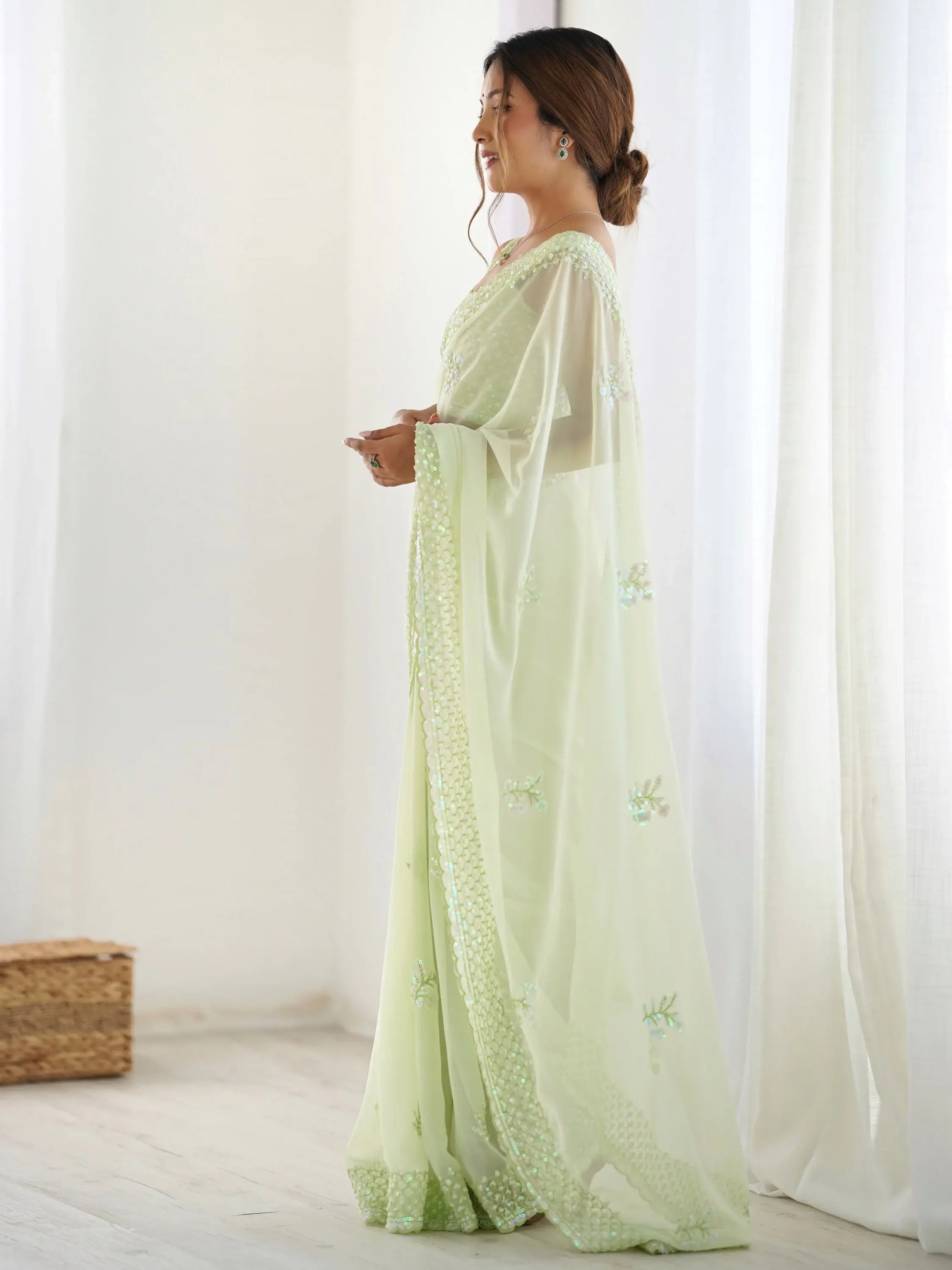 Fascinating Pista Green Embroidered Georgette Traditional Saree With Blouse - Zeel Clothing
