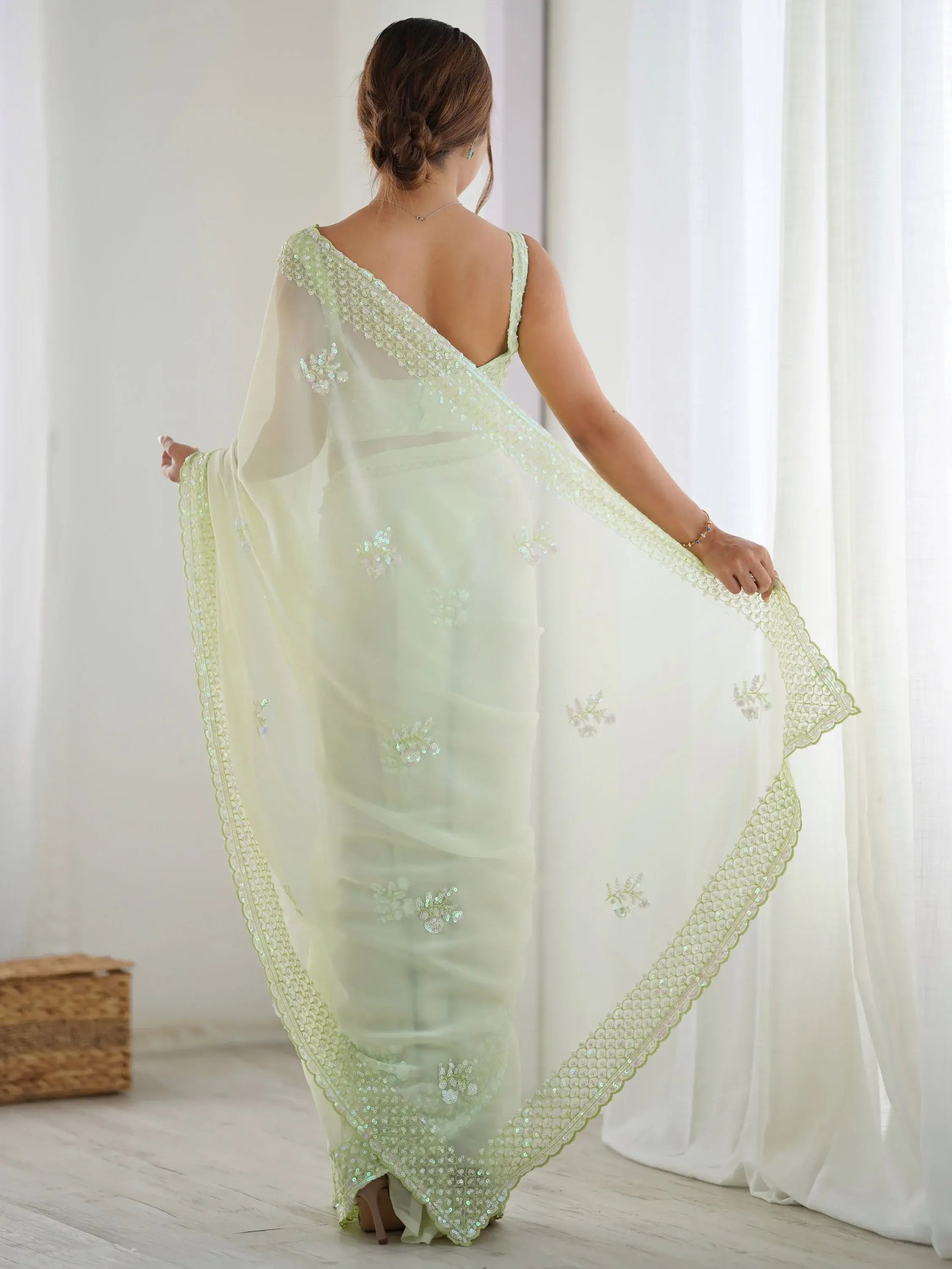 Fascinating Pista Green Embroidered Georgette Traditional Saree With Blouse - Zeel Clothing