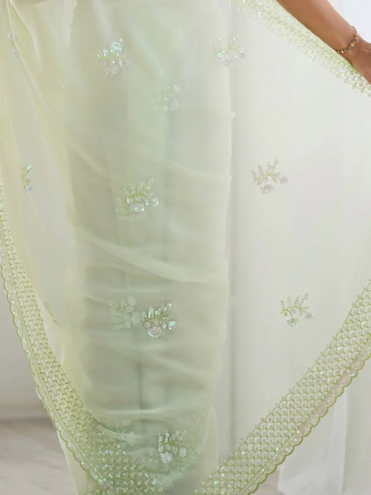 Fascinating Pista Green Embroidered Georgette Traditional Saree With Blouse - Zeel Clothing