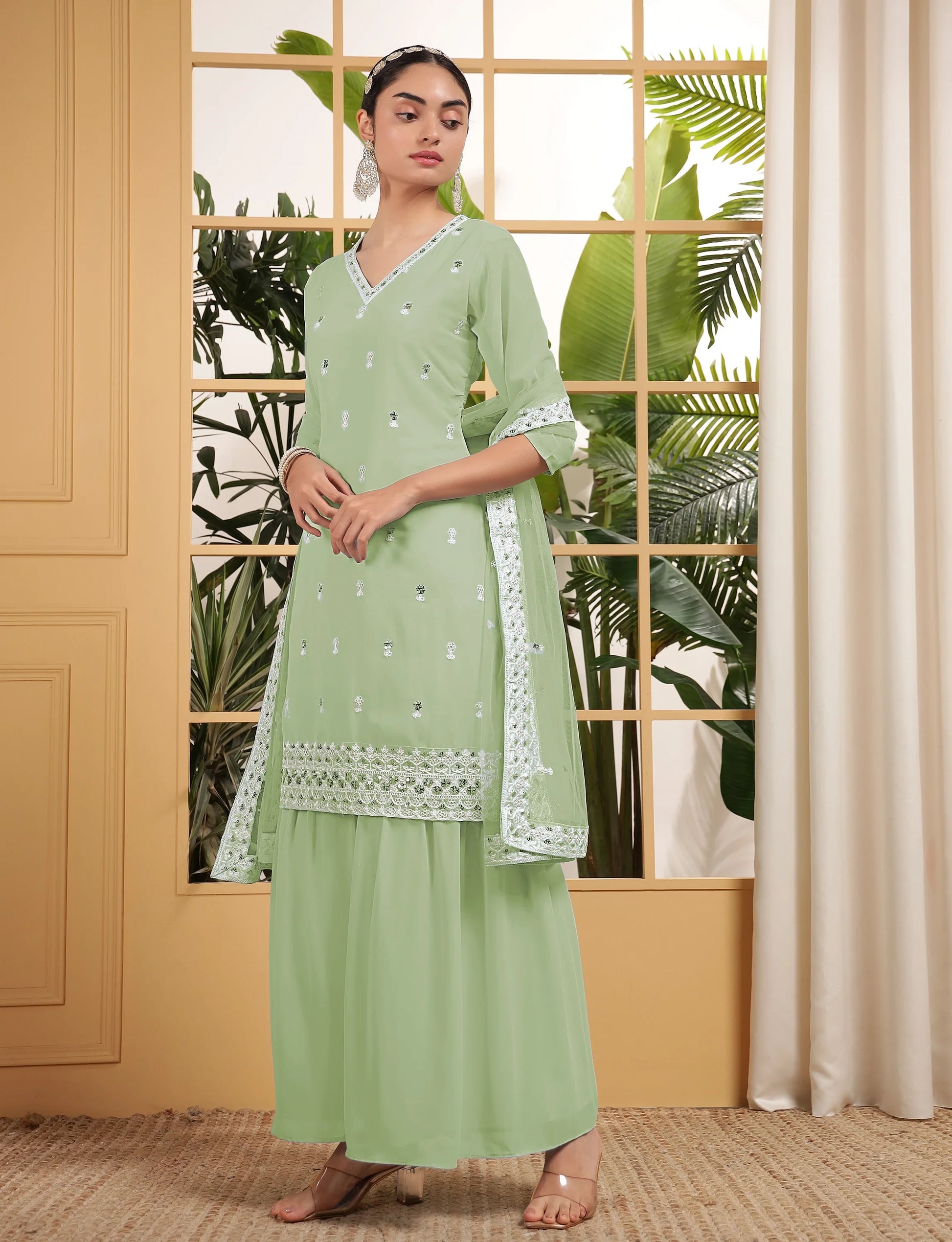 Fascinating Pista Green Sequins Georgette Eid Special Sharara Suit With Dupatta - Zeel Clothing