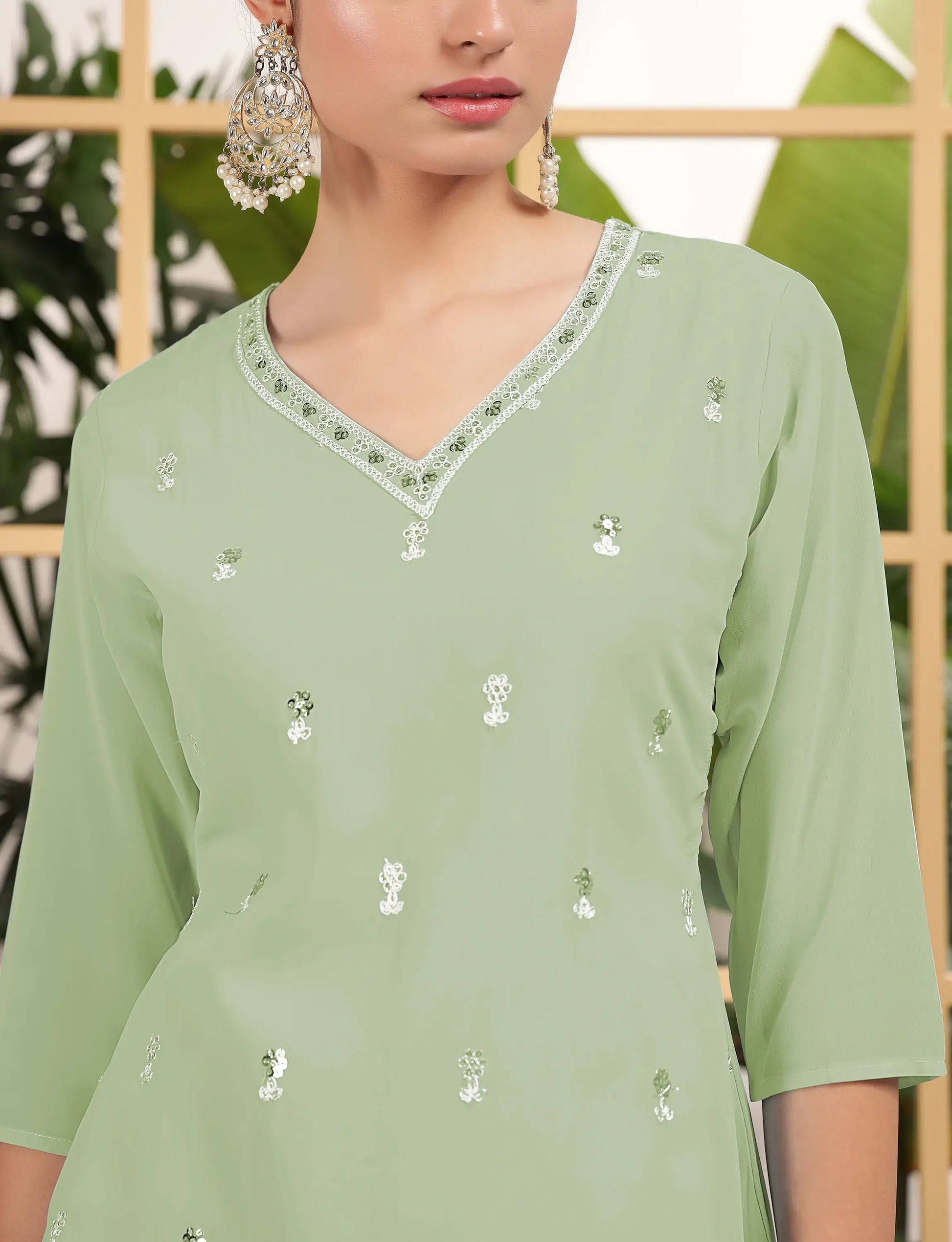 Fascinating Pista Green Sequins Georgette Eid Special Sharara Suit With Dupatta - Zeel Clothing
