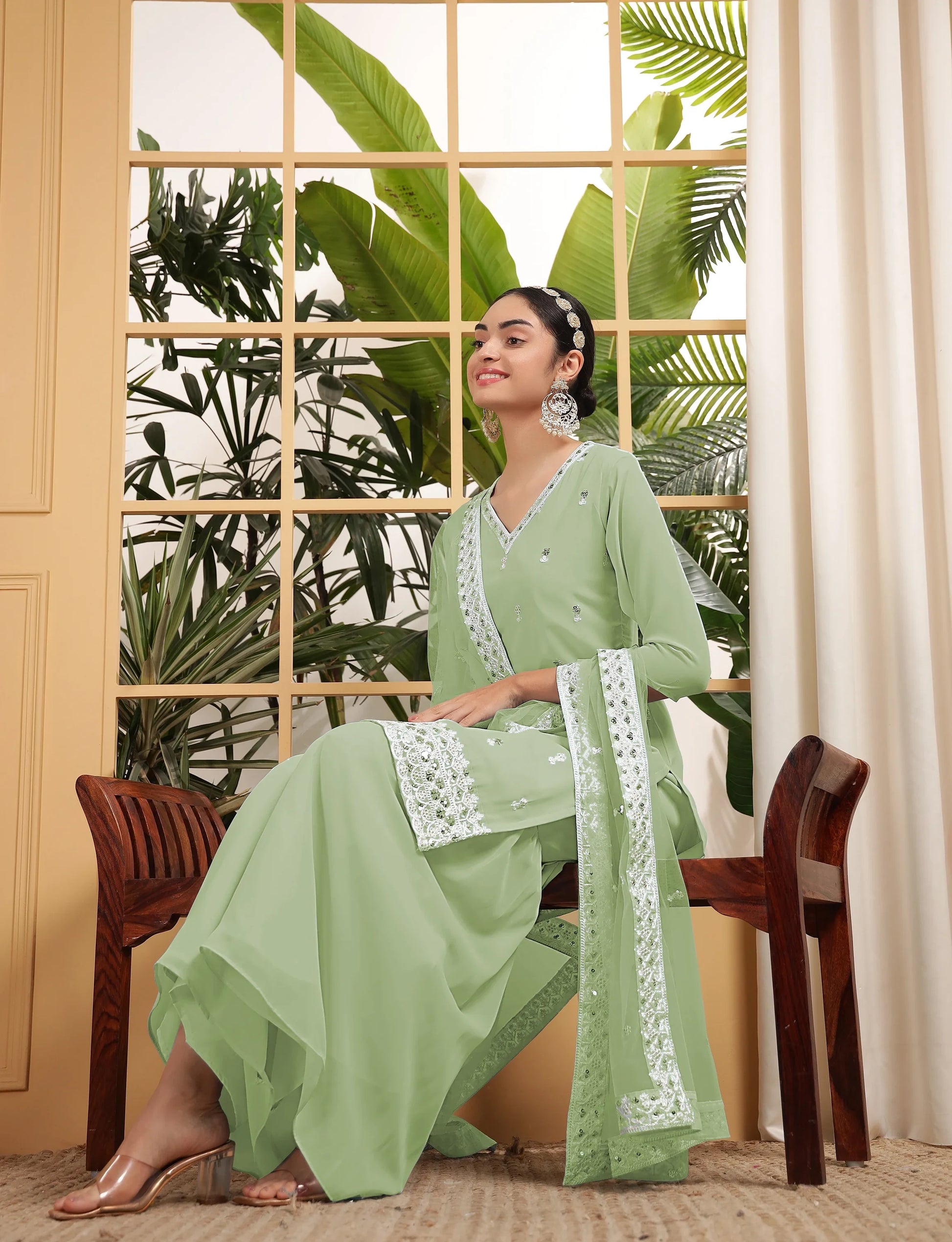 Fascinating Pista Green Sequins Georgette Eid Special Sharara Suit With Dupatta - Zeel Clothing