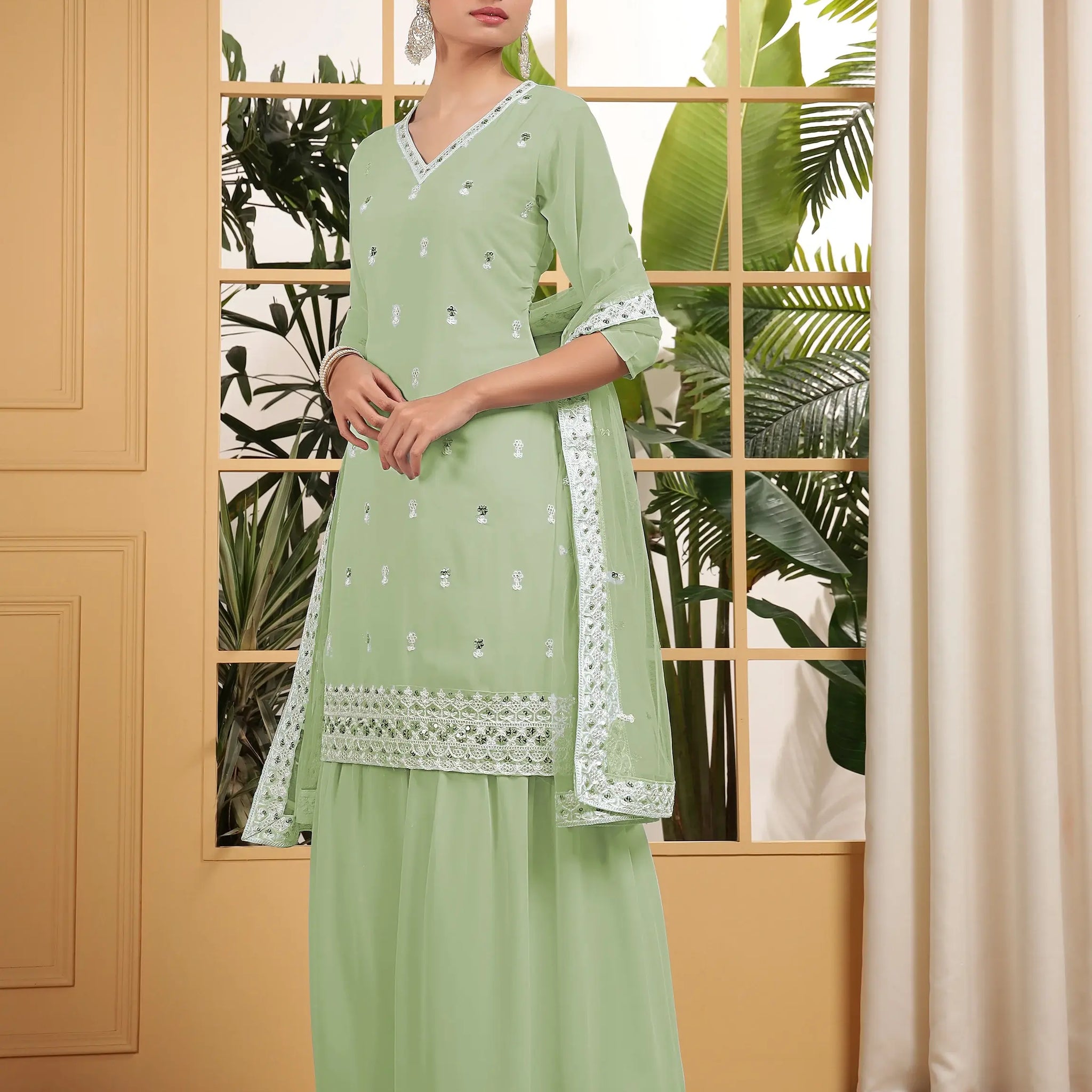 Fascinating Pista Green Sequins Georgette Eid Special Sharara Suit With Dupatta - Zeel Clothing