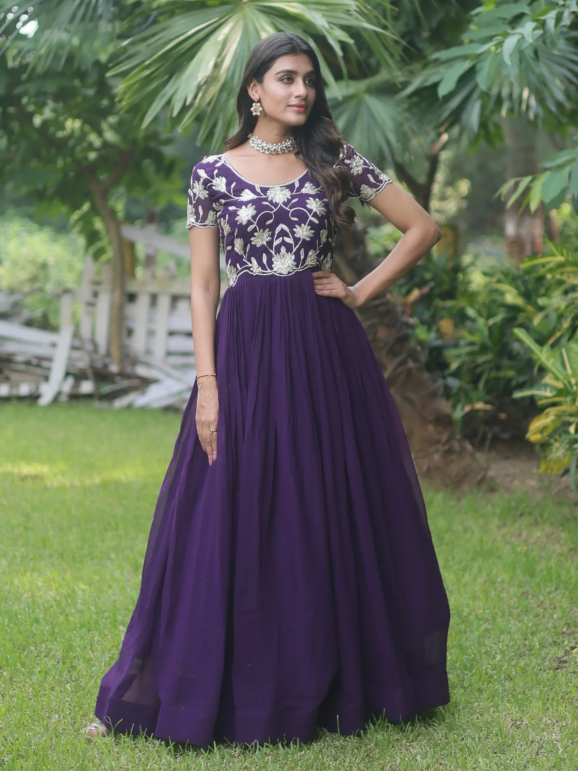 Fascinating Purple Embroidered Georgette Traditional Gown - Zeel Clothing