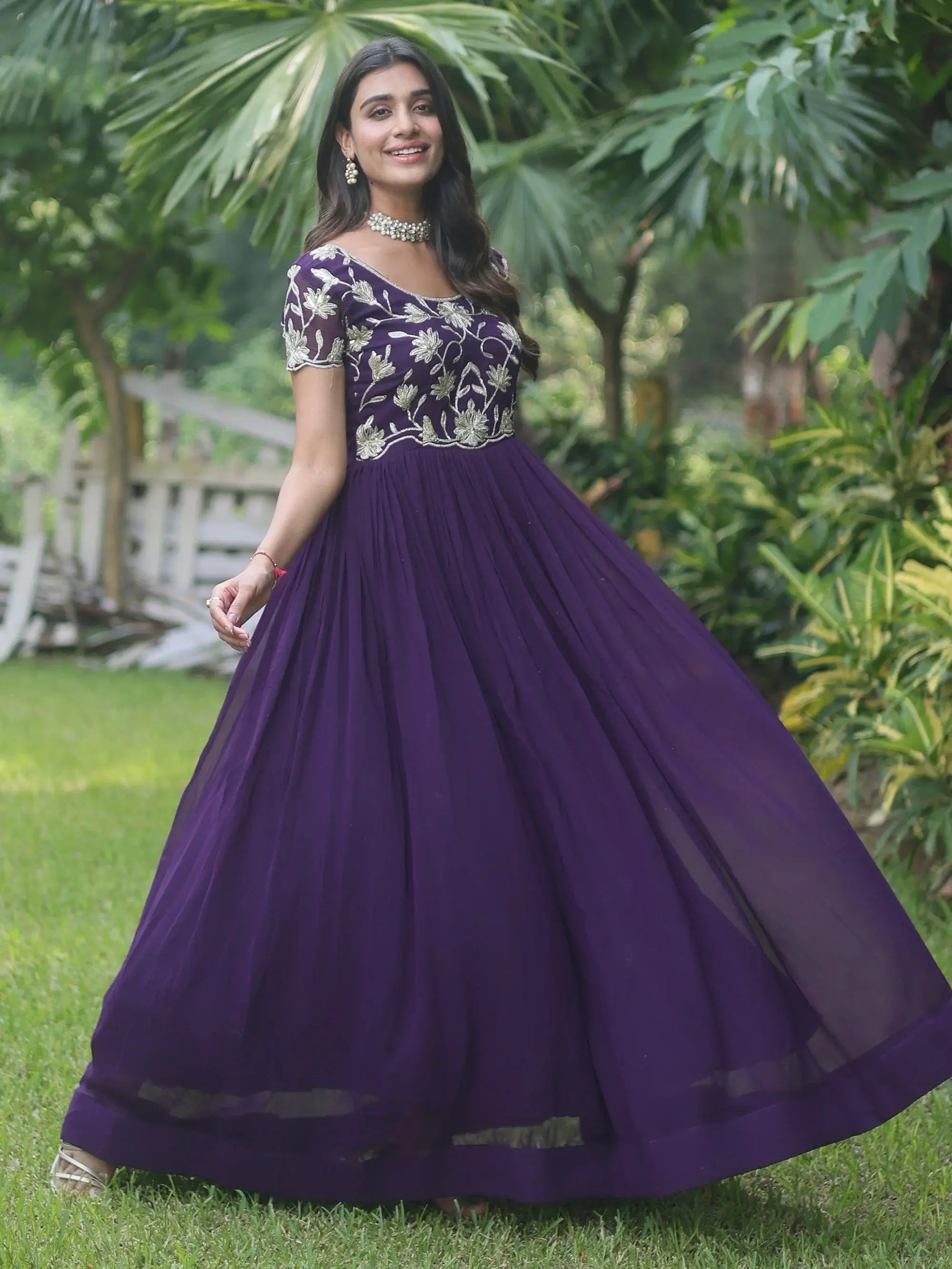 Fascinating Purple Embroidered Georgette Traditional Gown - Zeel Clothing