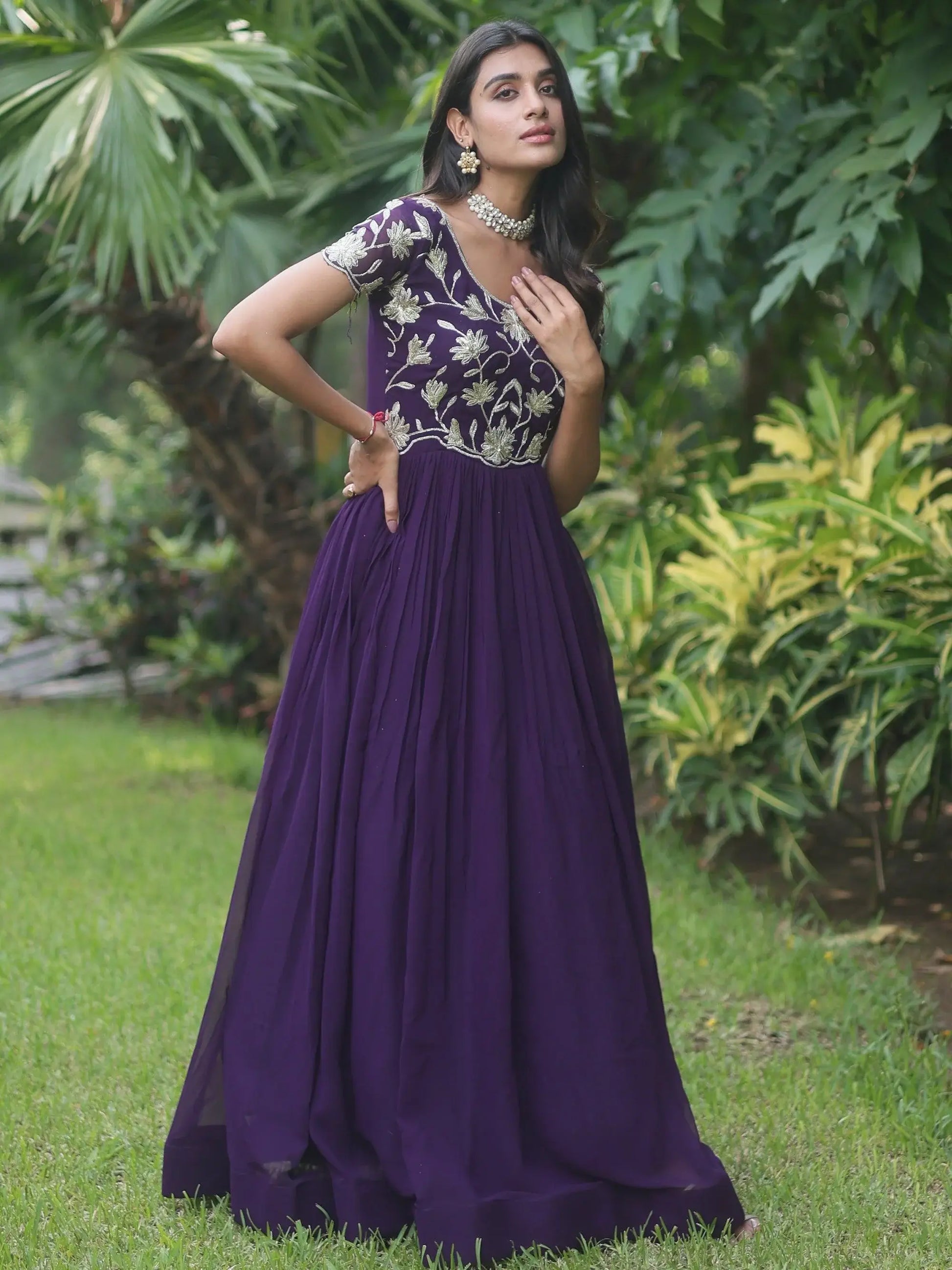 Fascinating Purple Embroidered Georgette Traditional Gown - Zeel Clothing