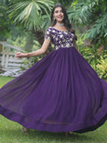 Fascinating Purple Embroidered Georgette Traditional Gown - Zeel Clothing