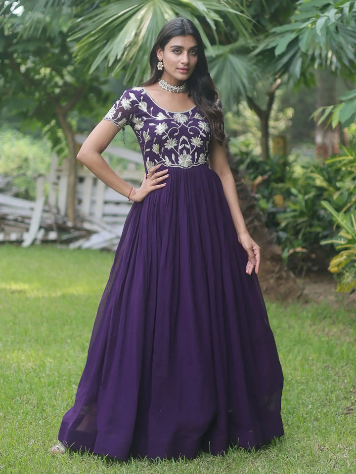 Fascinating Purple Embroidered Georgette Traditional Gown - Zeel Clothing