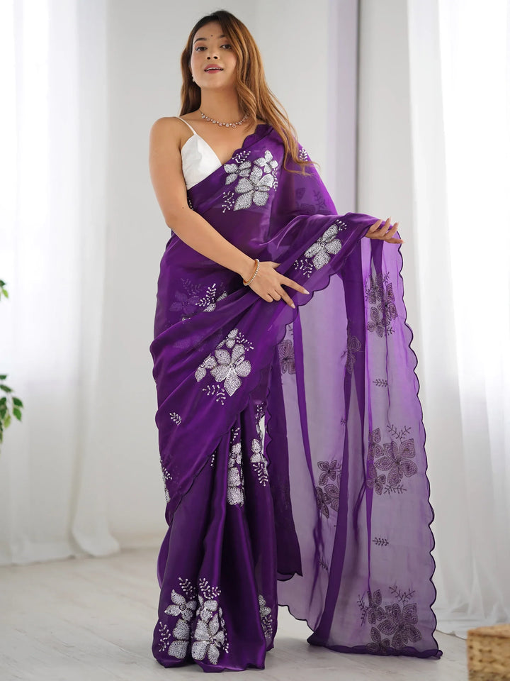 Fascinating Purple Embroidered Organza Party Wear Saree With Blouse - Zeel Clothing