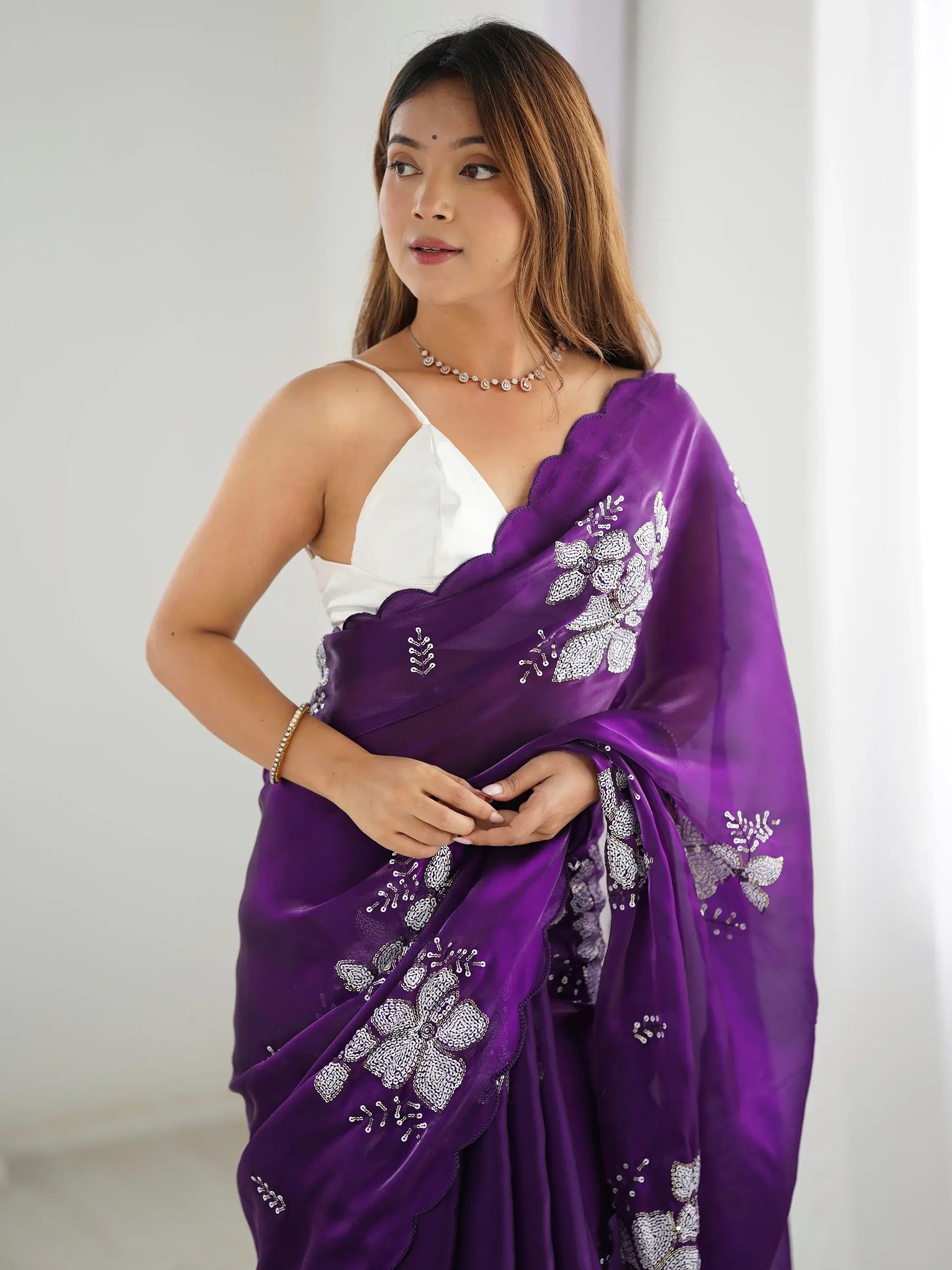 Fascinating Purple Embroidered Organza Party Wear Saree With Blouse - Zeel Clothing