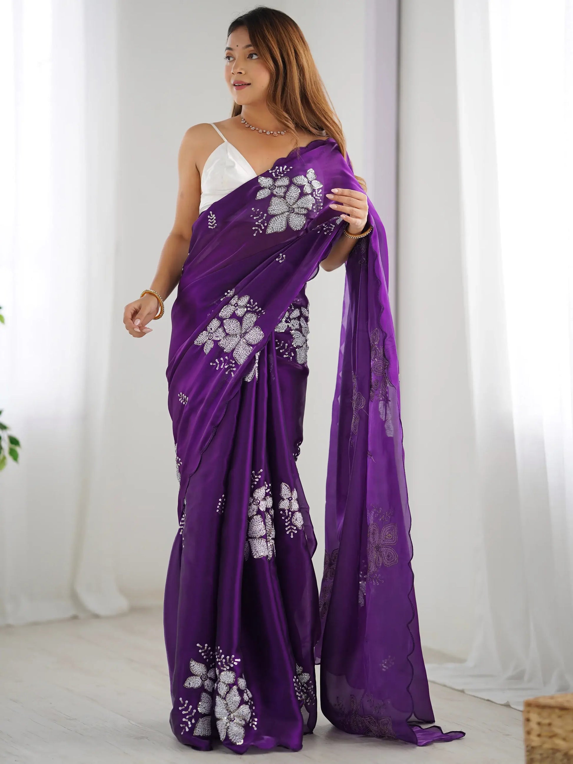 Fascinating Purple Embroidered Organza Party Wear Saree With Blouse - Zeel Clothing