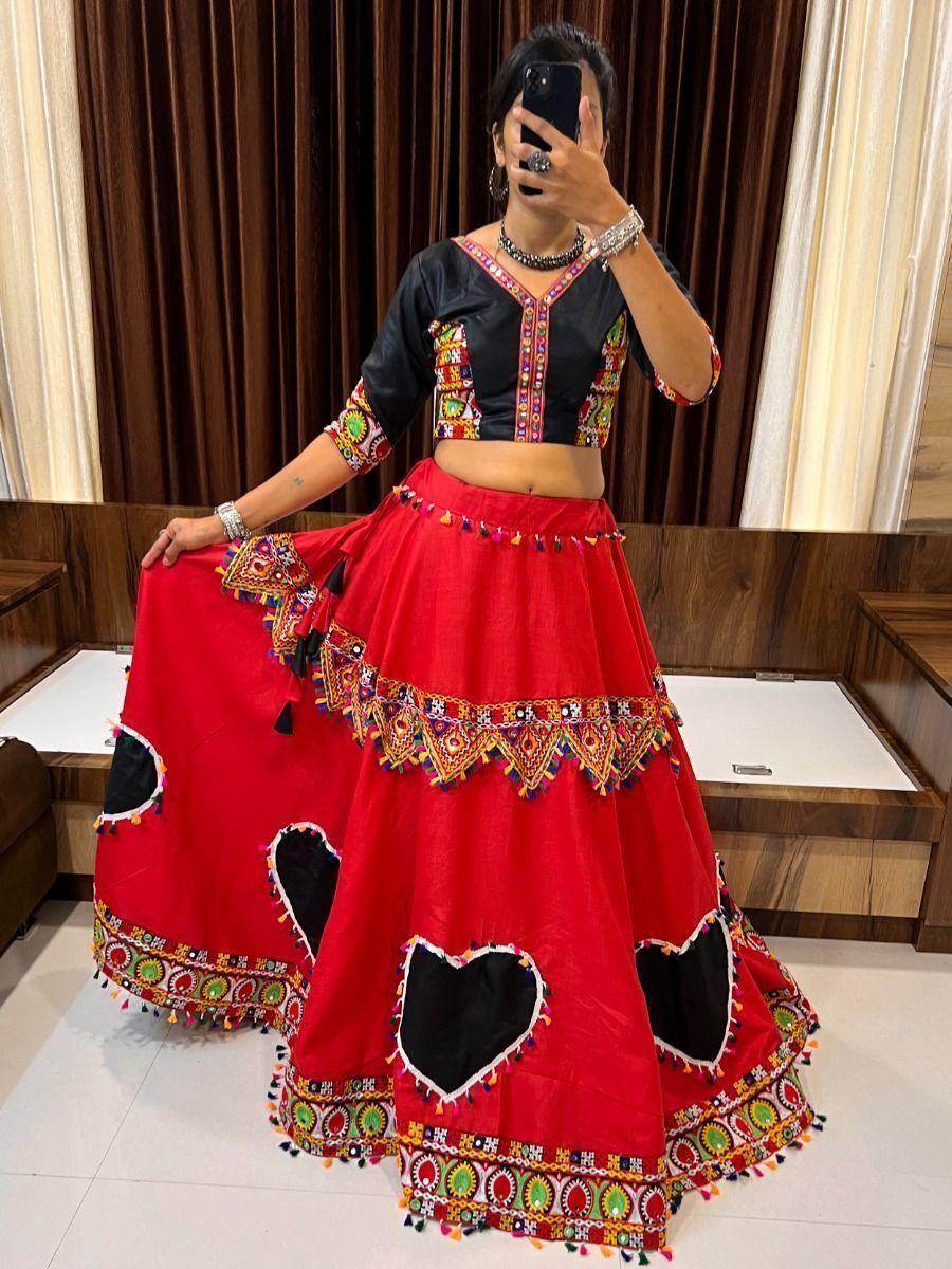 Fascinating Red & Black Mirror Work Cotton Traditional Lehenga Choli - Zeel Clothing