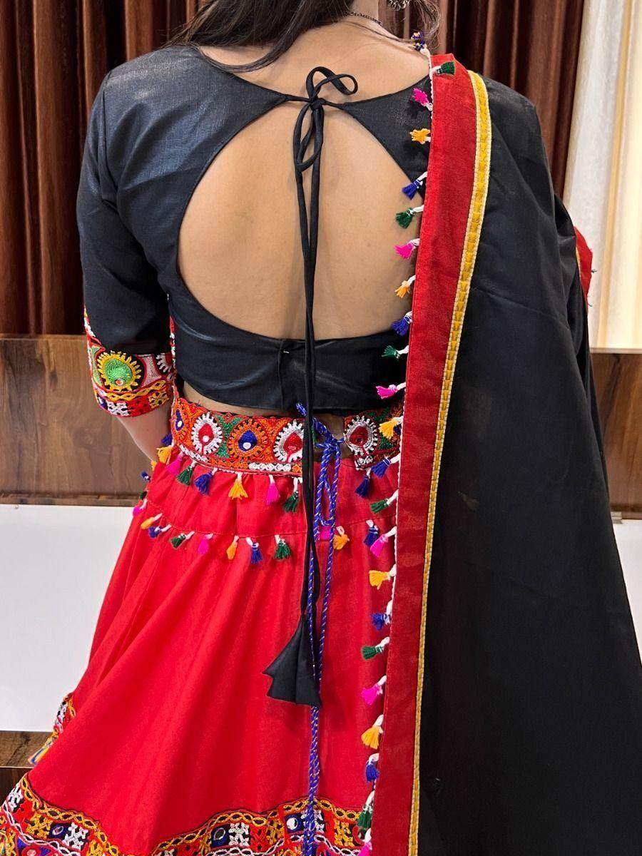 Fascinating Red & Black Mirror Work Cotton Traditional Lehenga Choli - Zeel Clothing