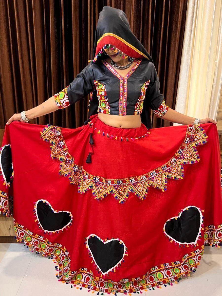 Fascinating Red & Black Mirror Work Cotton Traditional Lehenga Choli - Zeel Clothing