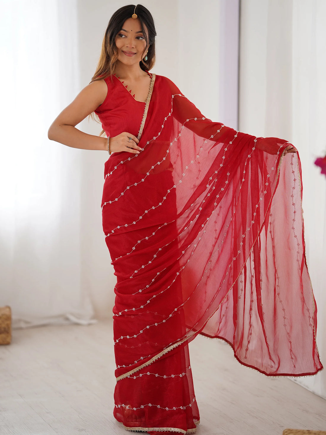 Fascinating Red Beads Work Chiffon Festival Wear Saree With Blouse - Zeel Clothing
