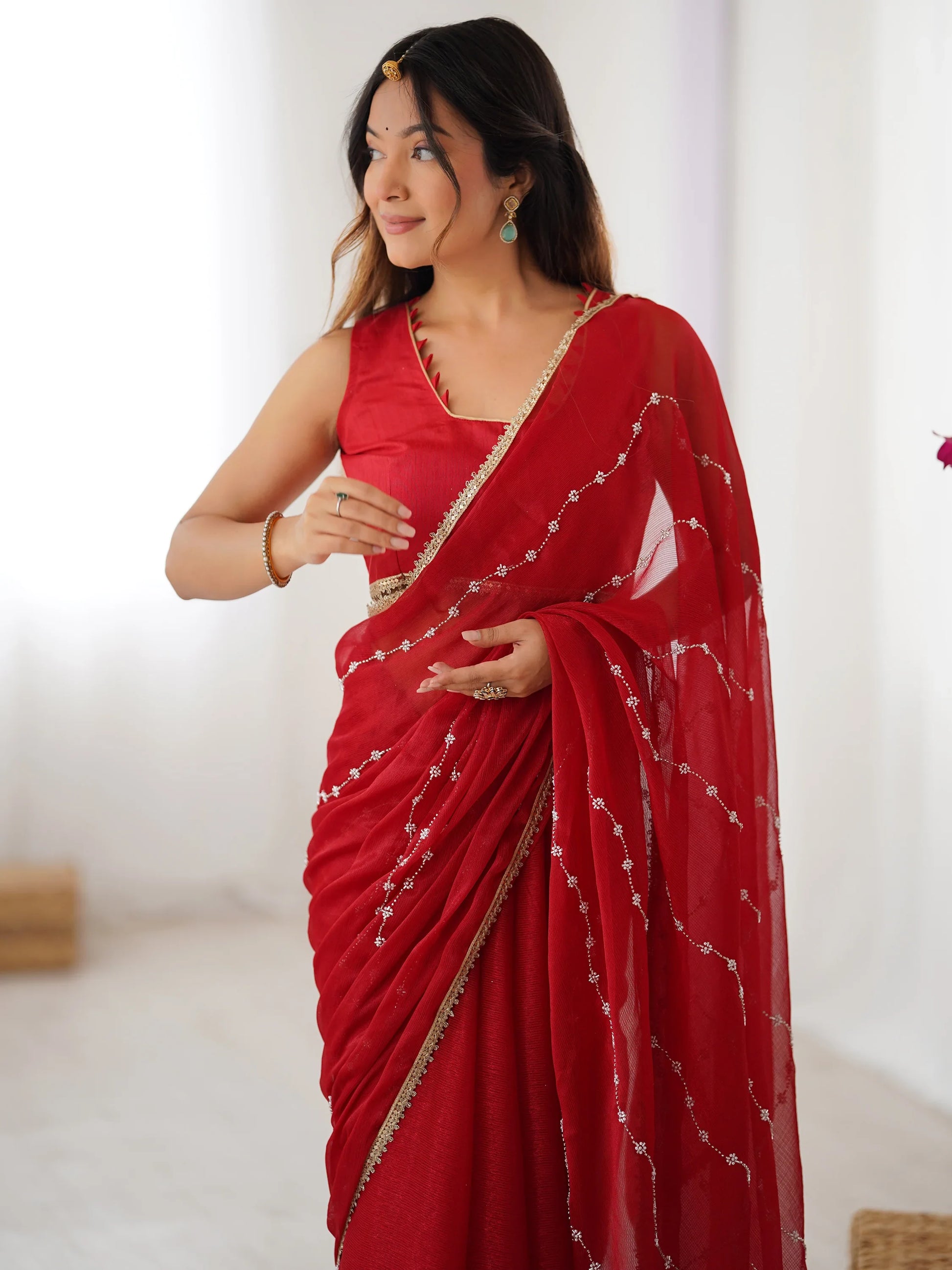 Fascinating Red Beads Work Chiffon Festival Wear Saree With Blouse - Zeel Clothing
