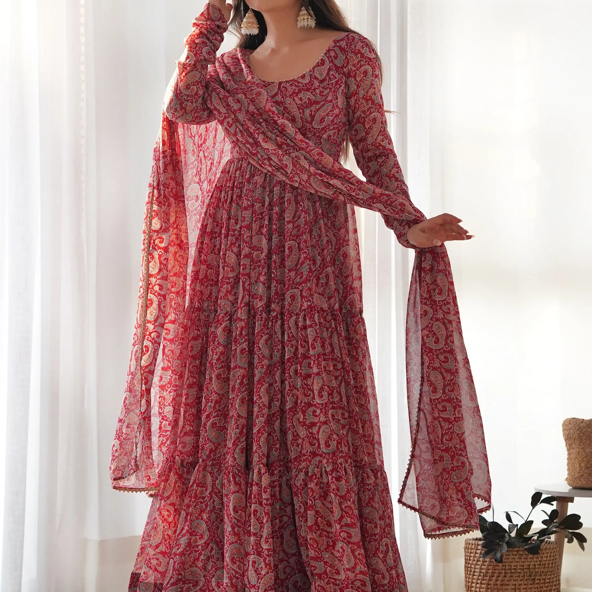 Fascinating Red Digital Printed Georgette Festival Wear Gown - Zeel Clothing