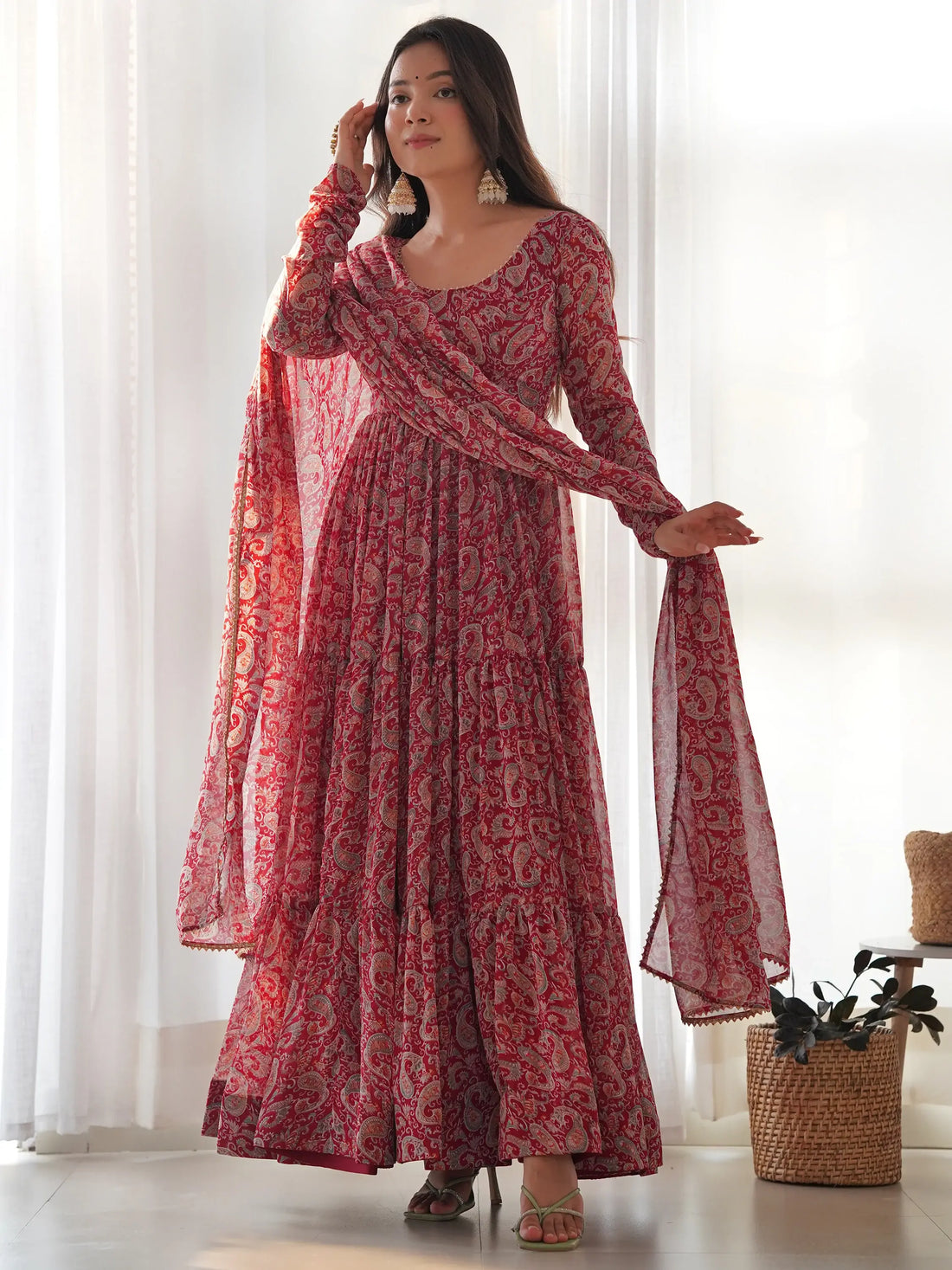 Fascinating Red Digital Printed Georgette Festival Wear Gown - Zeel Clothing