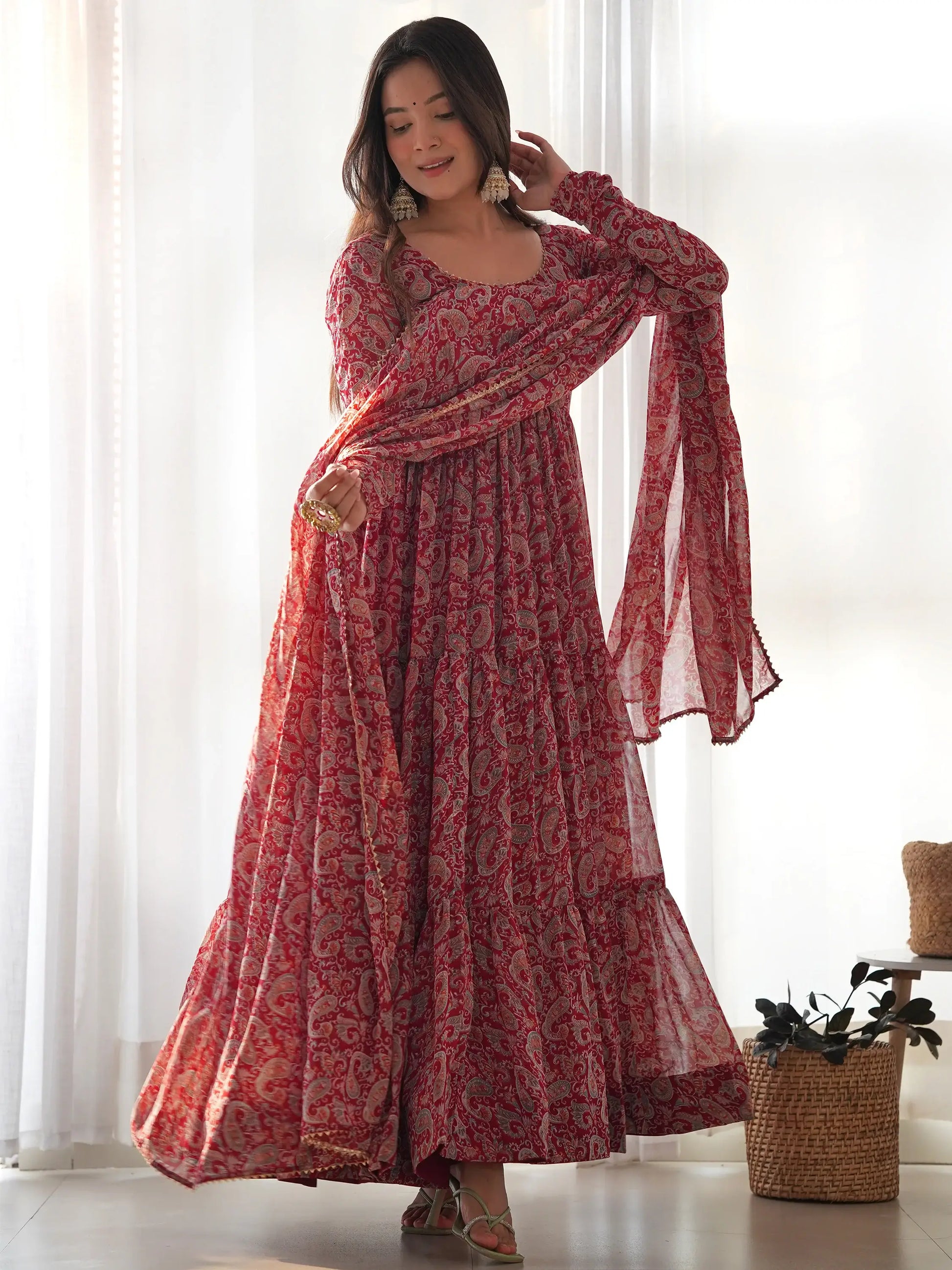 Fascinating Red Digital Printed Georgette Festival Wear Gown - Zeel Clothing