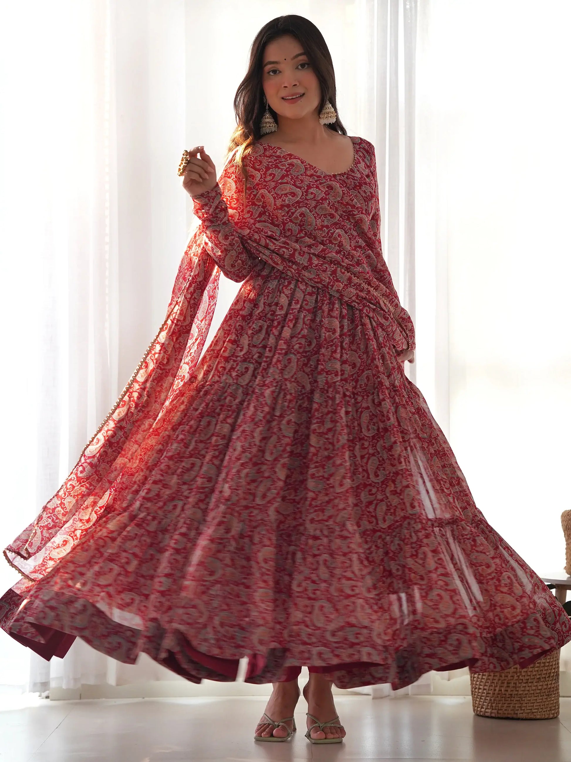 Fascinating Red Digital Printed Georgette Festival Wear Gown - Zeel Clothing