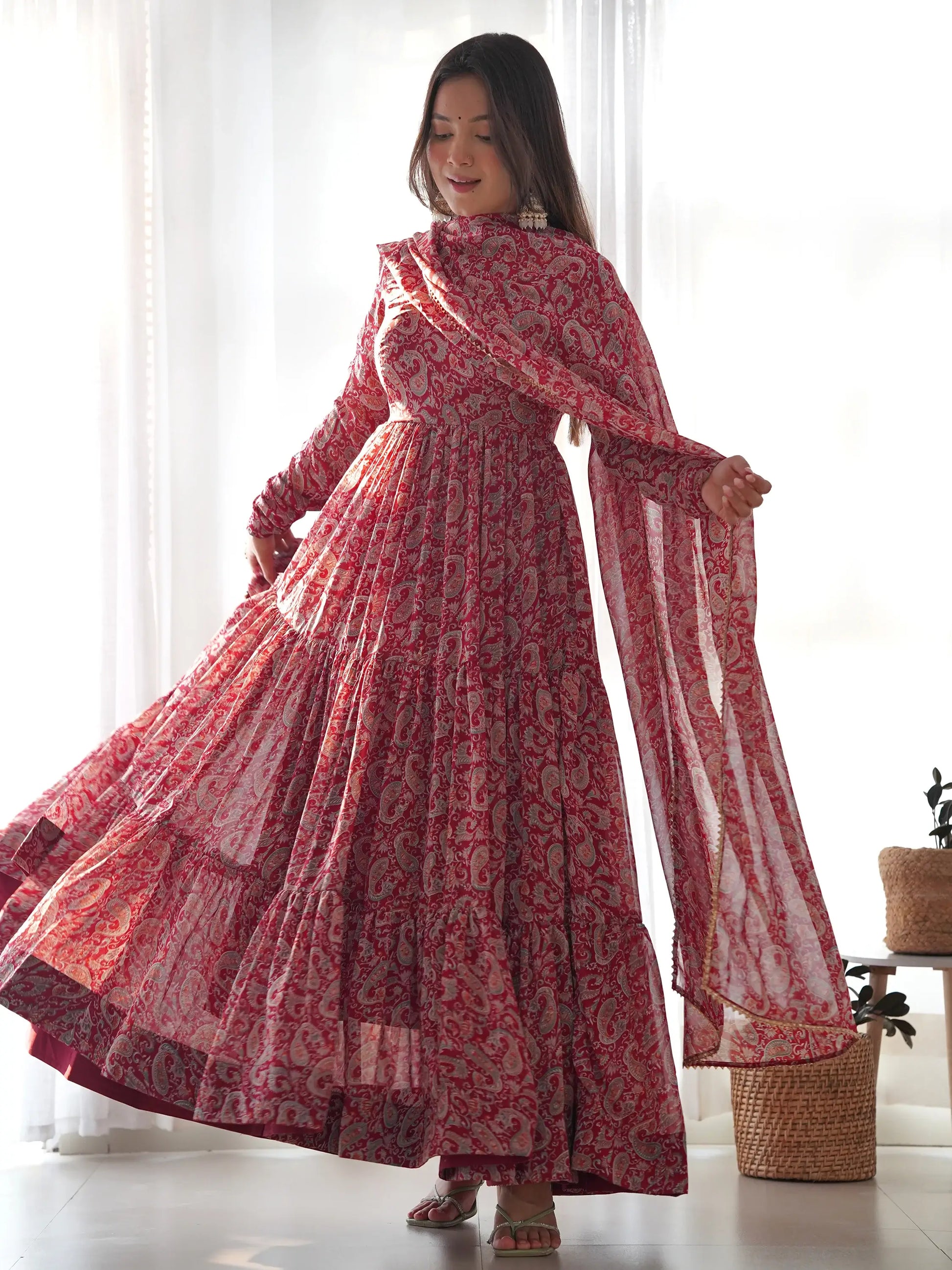 Fascinating Red Digital Printed Georgette Festival Wear Gown - Zeel Clothing