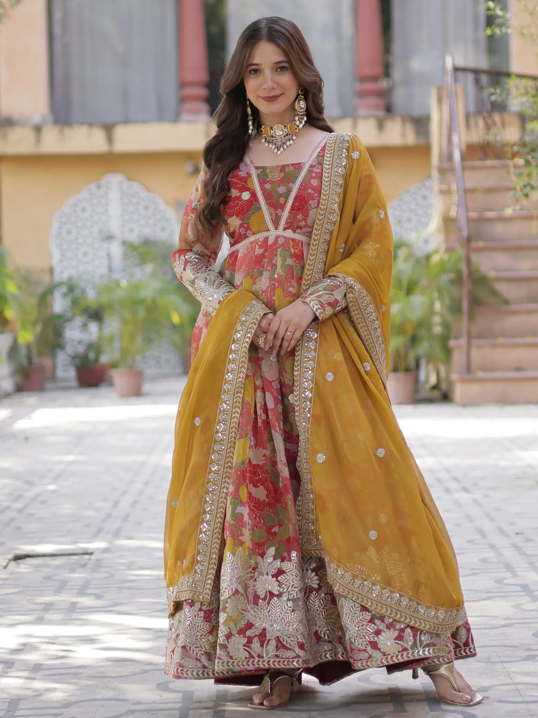 Fascinating Red Digital Printed Silk Festive Wear Gown With Dupatta - Zeel Clothing