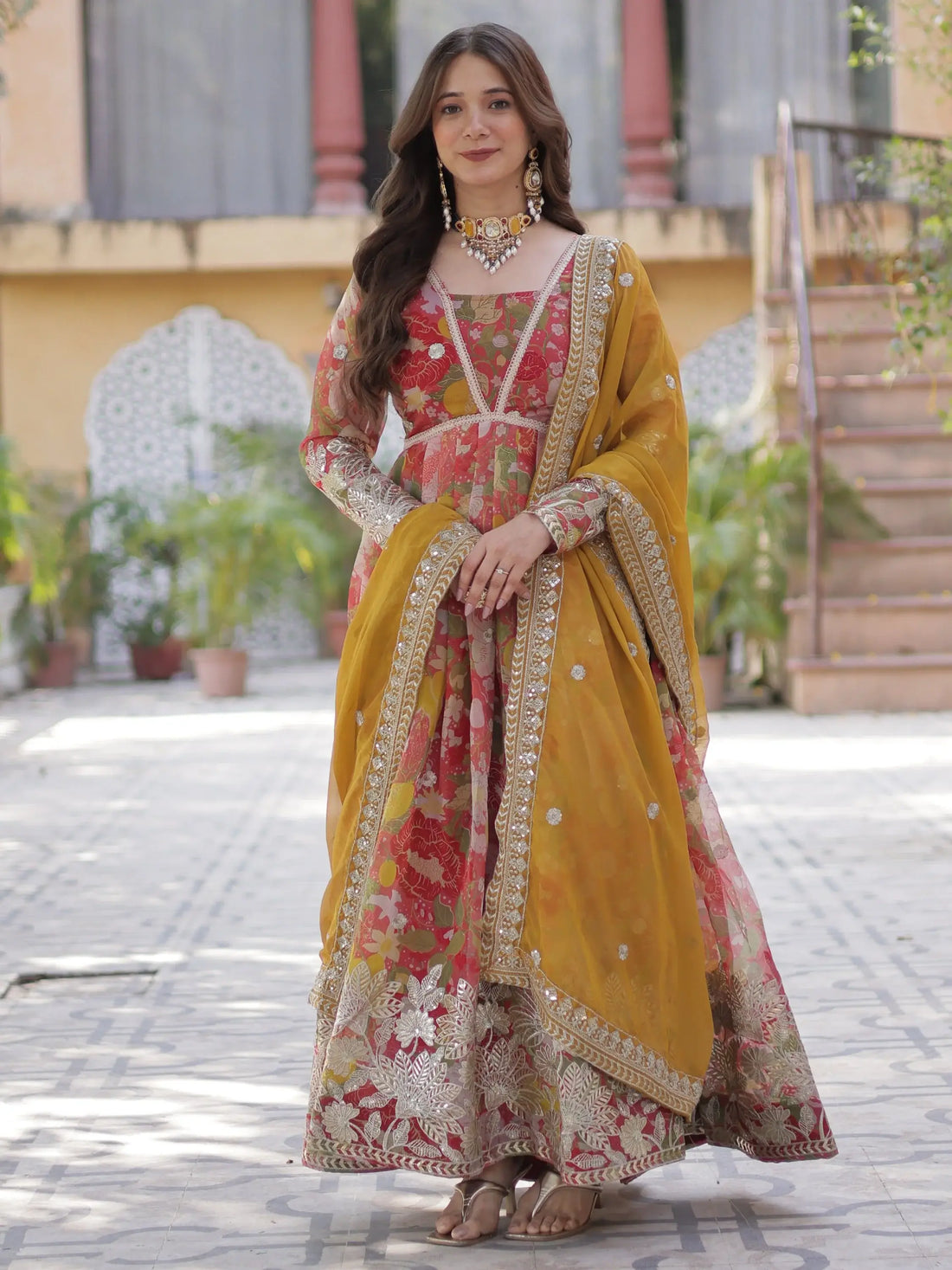 Fascinating Red Digital Printed Silk Festive Wear Gown With Dupatta - Zeel Clothing