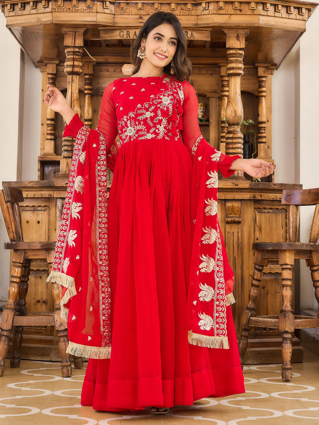 Fascinating Red Embroidered Georgette Gown With Dupatta - Zeel Clothing