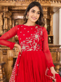 Fascinating Red Embroidered Georgette Gown With Dupatta - Zeel Clothing