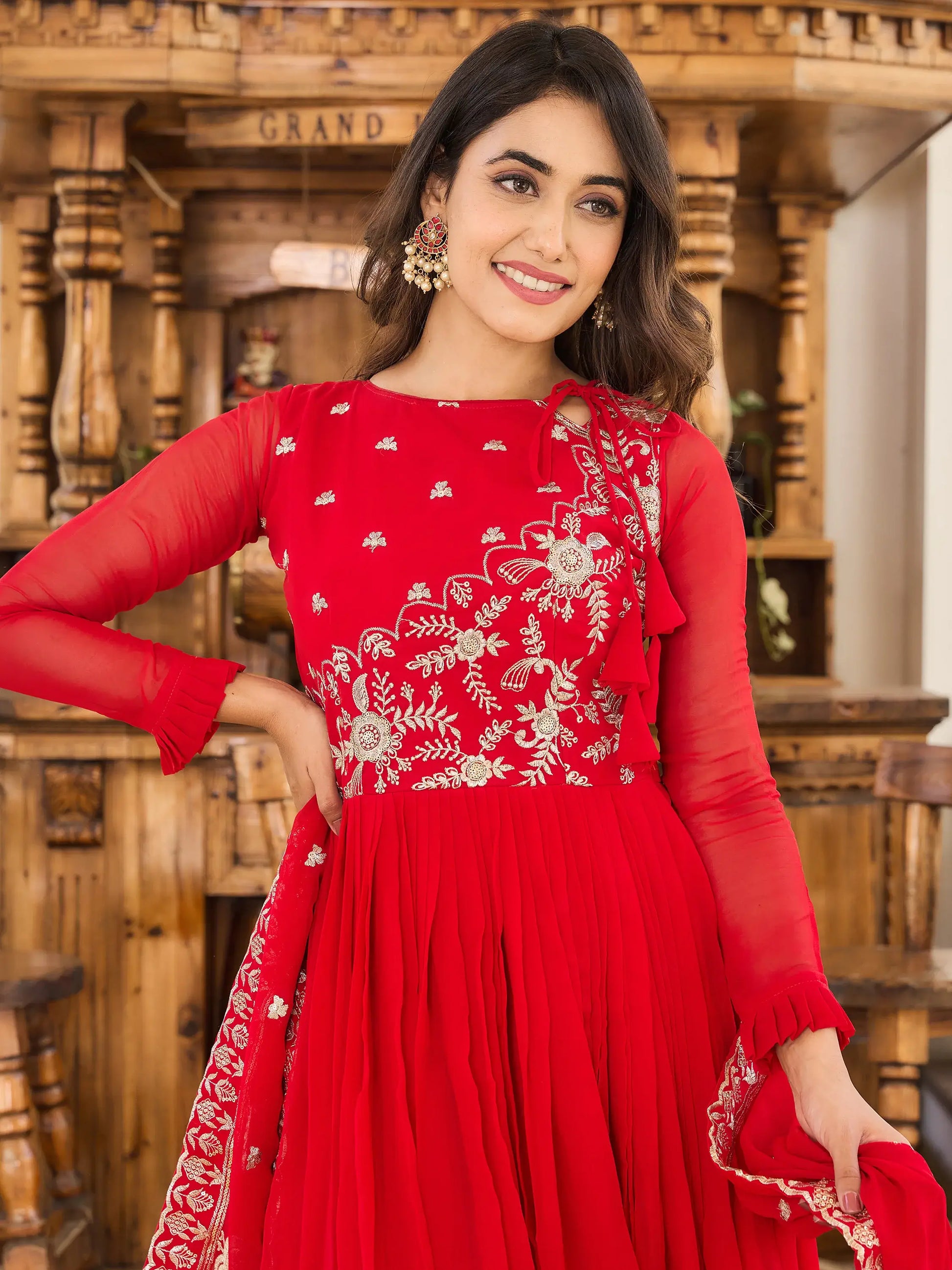 Fascinating Red Embroidered Georgette Gown With Dupatta - Zeel Clothing