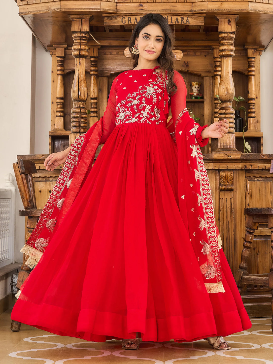 Fascinating Red Embroidered Georgette Gown With Dupatta - Zeel Clothing