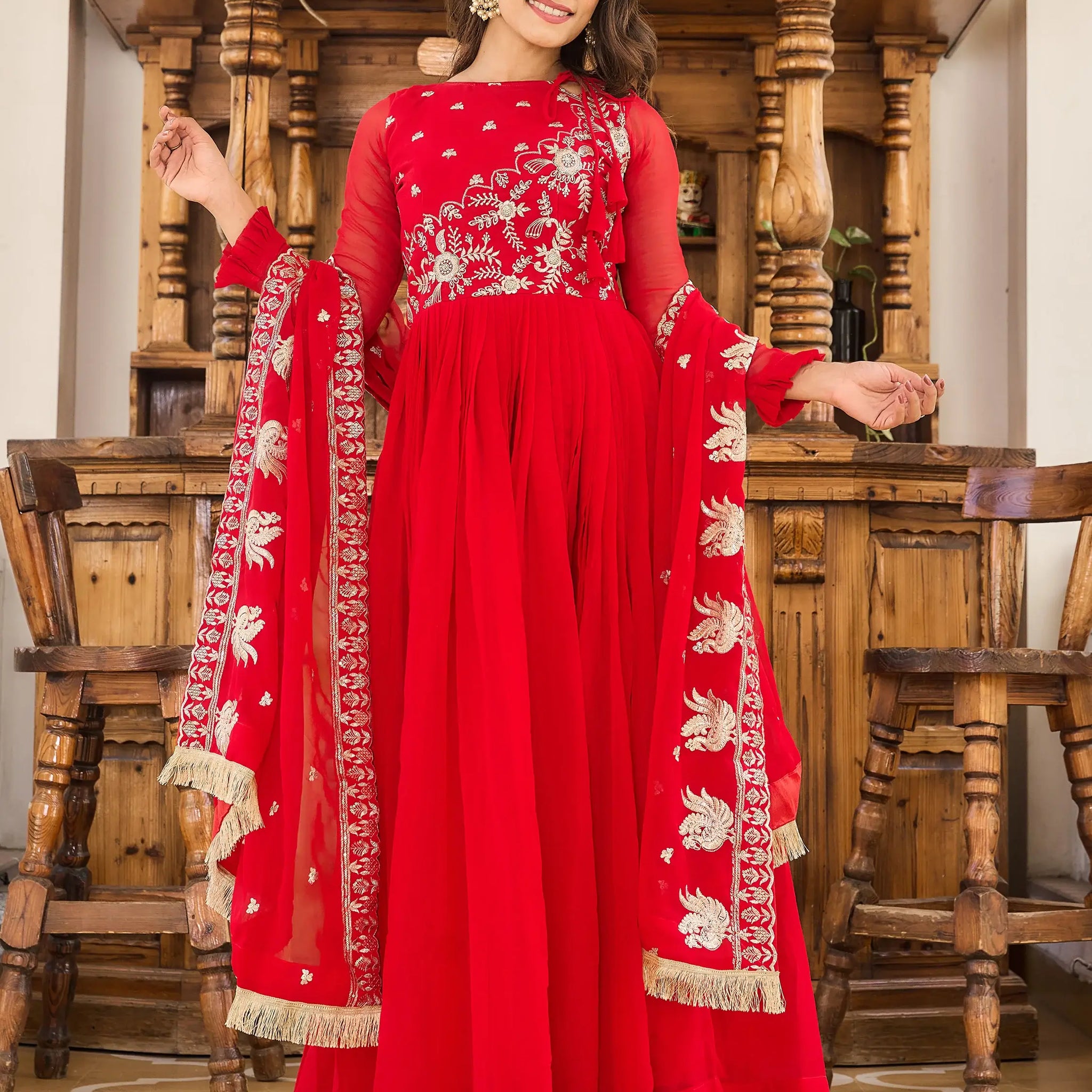 Fascinating Red Embroidered Georgette Gown With Dupatta - Zeel Clothing