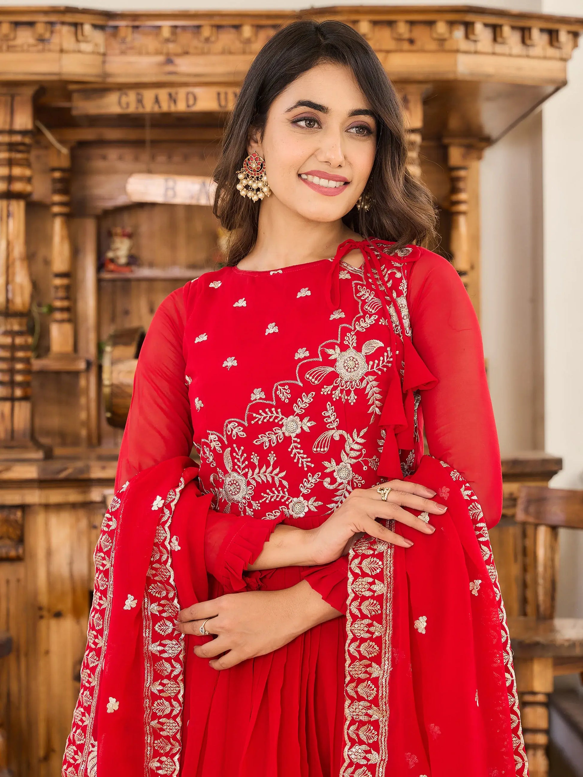 Fascinating Red Embroidered Georgette Gown With Dupatta - Zeel Clothing