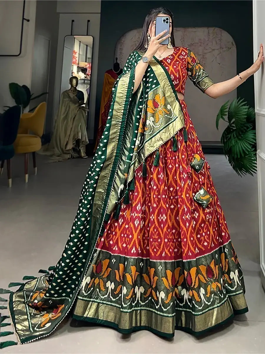 Fascinating Red Foil Printed Silk Festive Wear Lehenga Choli - Zeel Clothing