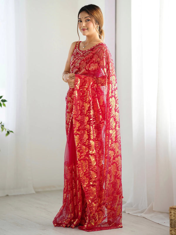 Fascinating Red Sequins Net Festival Wear Saree With Blouse - Zeel Clothing