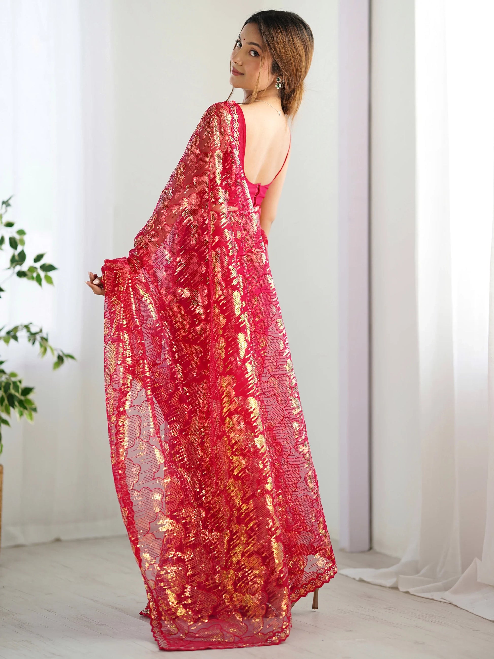 Fascinating Red Sequins Net Festival Wear Saree With Blouse - Zeel Clothing