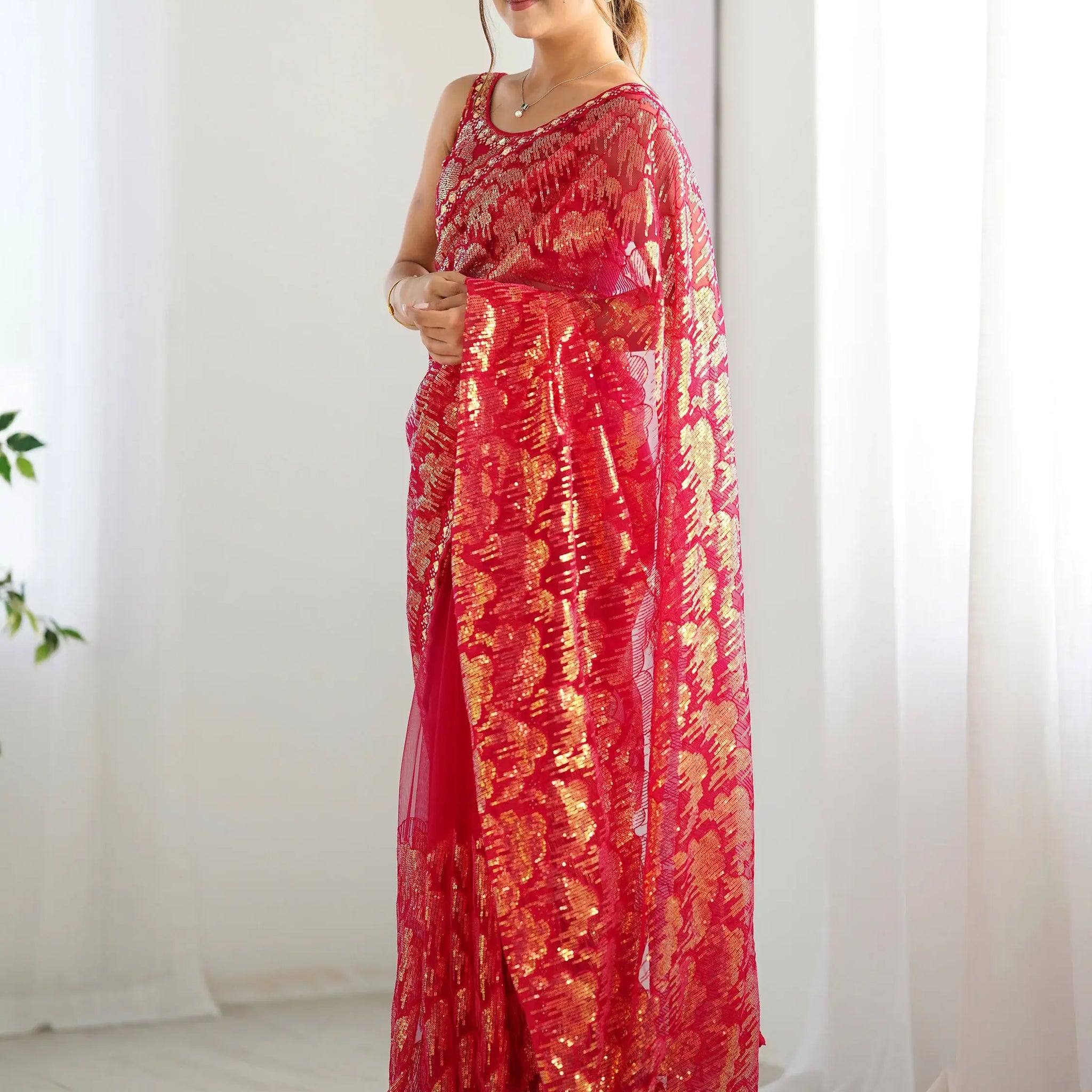 Fascinating Red Sequins Net Festival Wear Saree With Blouse - Zeel Clothing
