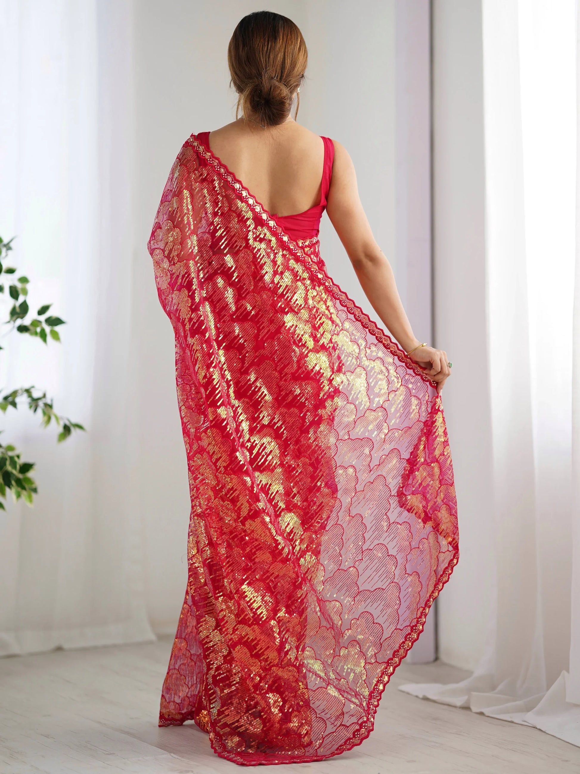 Fascinating Red Sequins Net Festival Wear Saree With Blouse - Zeel Clothing