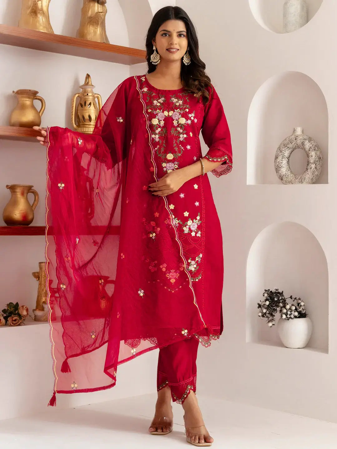 Fascinating Red Thread Work Viscose Silk Traditional Pant Suit With Dupatta - Zeel Clothing