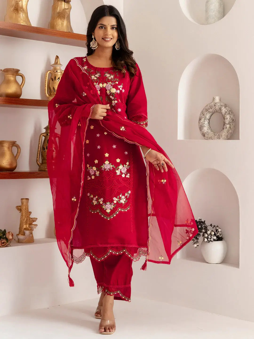 Fascinating Red Thread Work Viscose Silk Traditional Pant Suit With Dupatta - Zeel Clothing