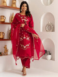 Fascinating Red Thread Work Viscose Silk Traditional Pant Suit With Dupatta - Zeel Clothing