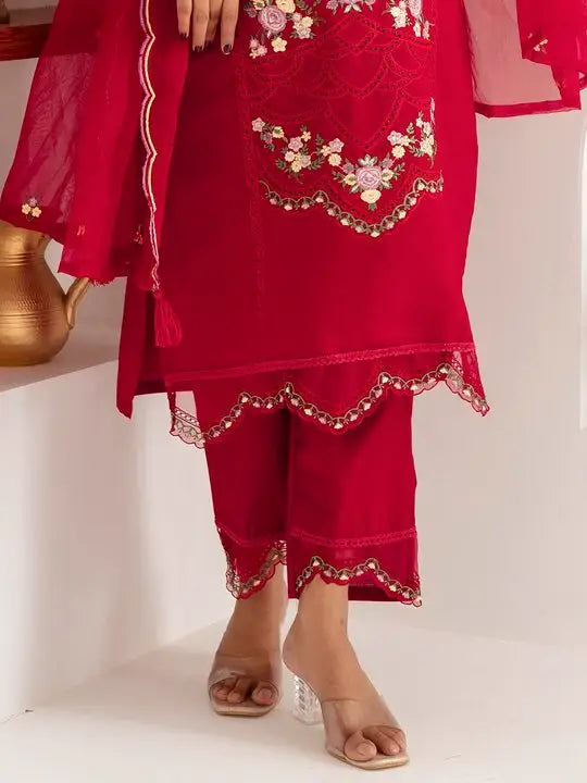 Fascinating Red Thread Work Viscose Silk Traditional Pant Suit With Dupatta - Zeel Clothing