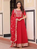 Fascinating Red Zari Embroidered Georgette Wedding Wear Gown With Dupatta - Zeel Clothing