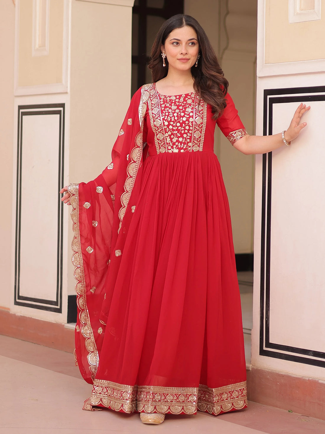Fascinating Red Zari Embroidered Georgette Wedding Wear Gown With Dupatta - Zeel Clothing